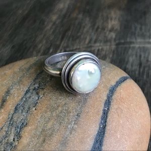 VINTAGE STERLING SILVER COIN PEARL RING SIZE 6.5